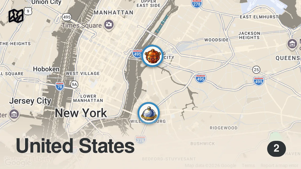 Map of 2 spots from Peruvian Chaufa vs. Lamb Shank Pulao - Foodie Faceoff Ep. 5
