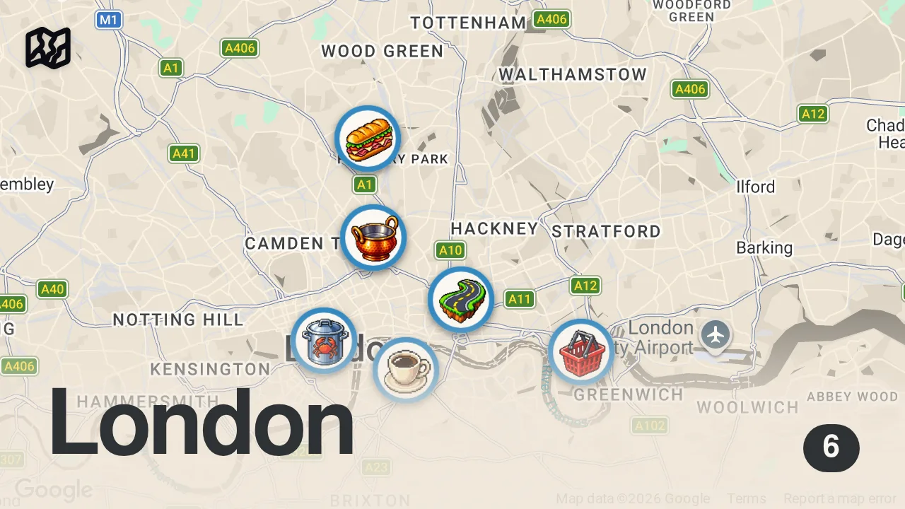 Map of 6 spots from We Ate London's BEST FOOD in 24 Hours!! (Is British Food Actually Good?)