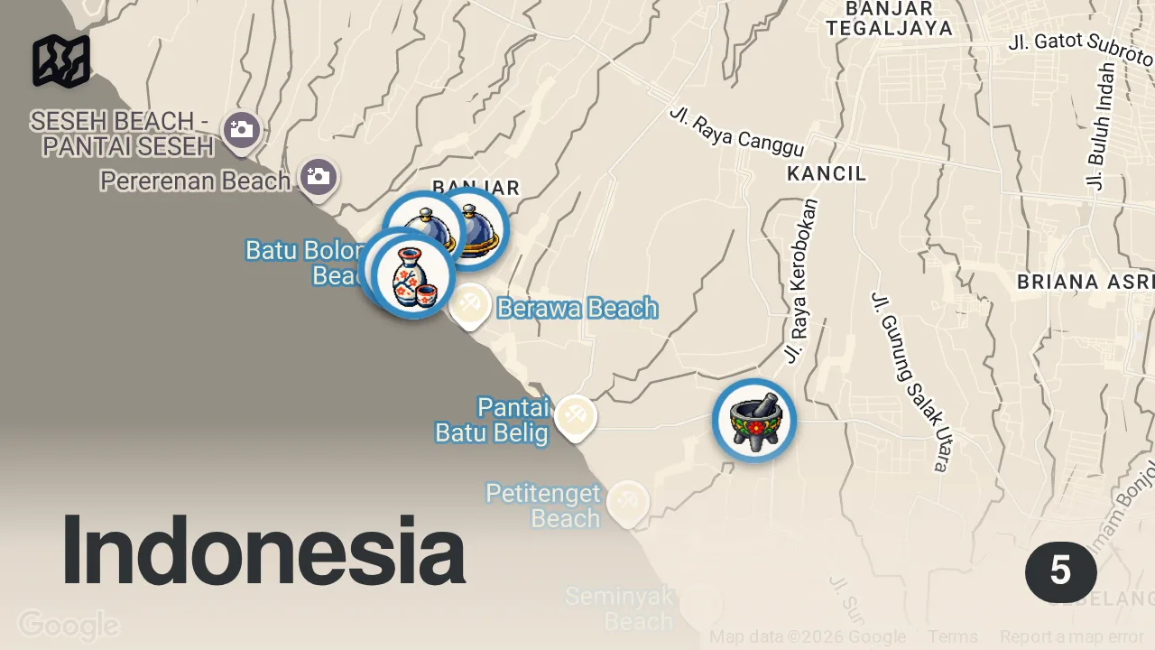 Map of 5 spots from TOP 5 Must-Try FOOD Spots in Bali 🍛🇮🇩 Fine Dining in Canggu