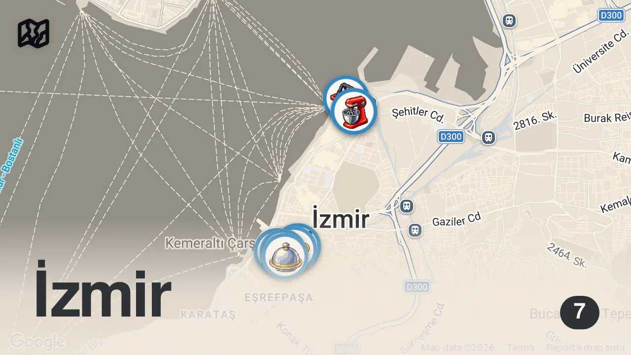 Map of 7 spots from Best Turkish Street Food - $5 EXTREME SANDWICH in Izmir, Türkiye!! 🇹🇷