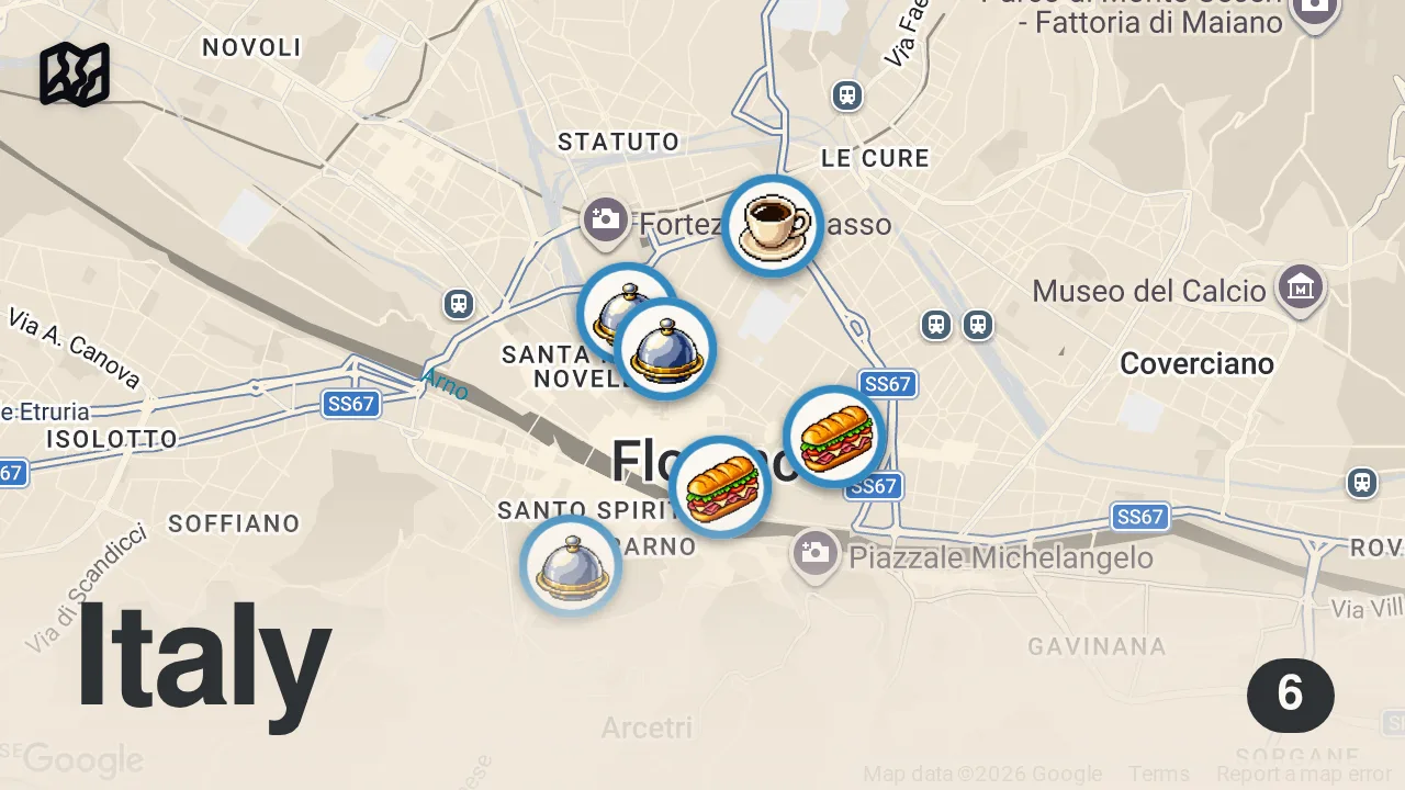 Map of 6 spots from 12 Must Try Foods in FLORENCE - #1 PANINI + $$$ STEAK + TRUFFLE Pasta - Best Food in Florence, Italy
