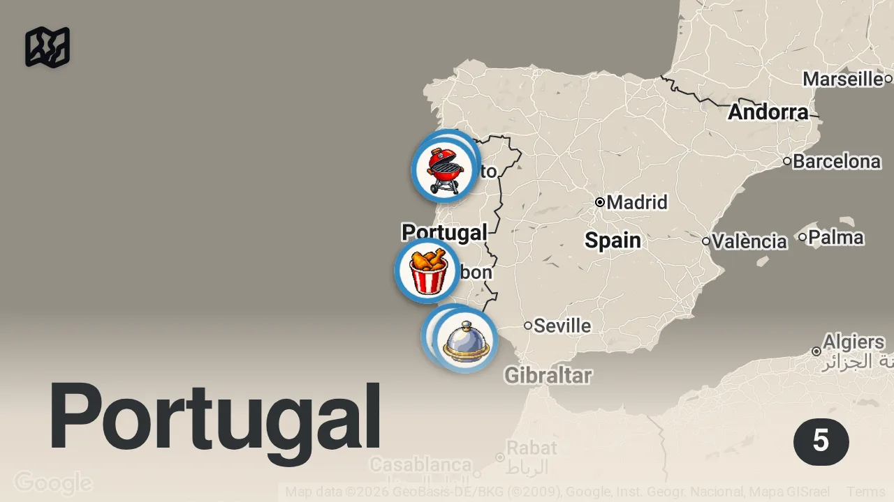 Map of 5 spots from Best Ever Grilled Chicken!! 🌶 Ultimate PIRI PIRI CHICKEN Tour in Portugal!