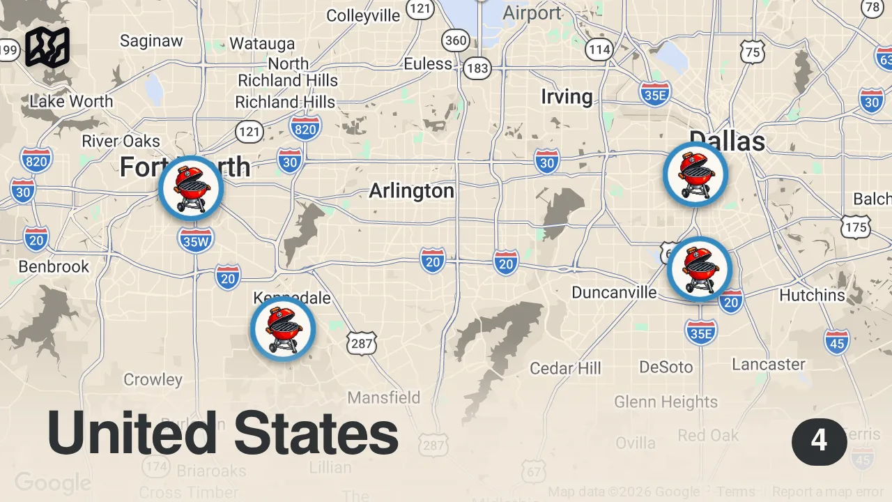 Map of 4 spots from Finding The Best Barbecue In Dallas-Fort Worth, Texas | Food Tours | Insider Food