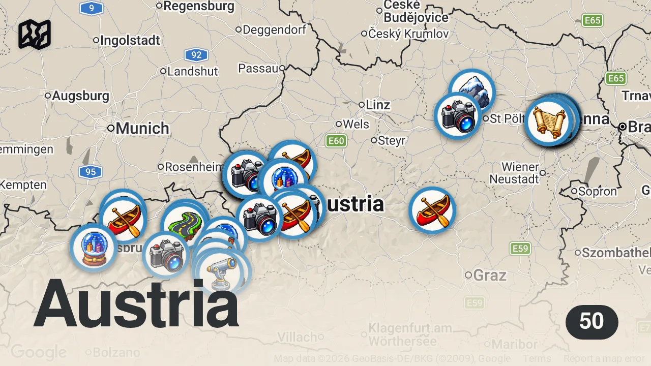 Map of 50 spots from 🇦🇹 Österreich Dokumentation | Das Land, das Europa nicht kennt | 4K