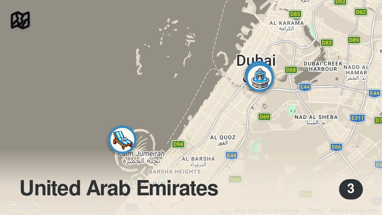 Map of 3 spots from 4k جوله مشي افتراضيه في دبي ,الامارات العربيه المتحده جوله جميله