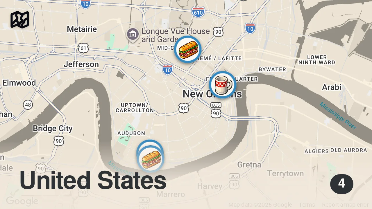 Map of 4 spots from Finding The Best Po'Boys In New Orleans | Food Tours | Insider Food