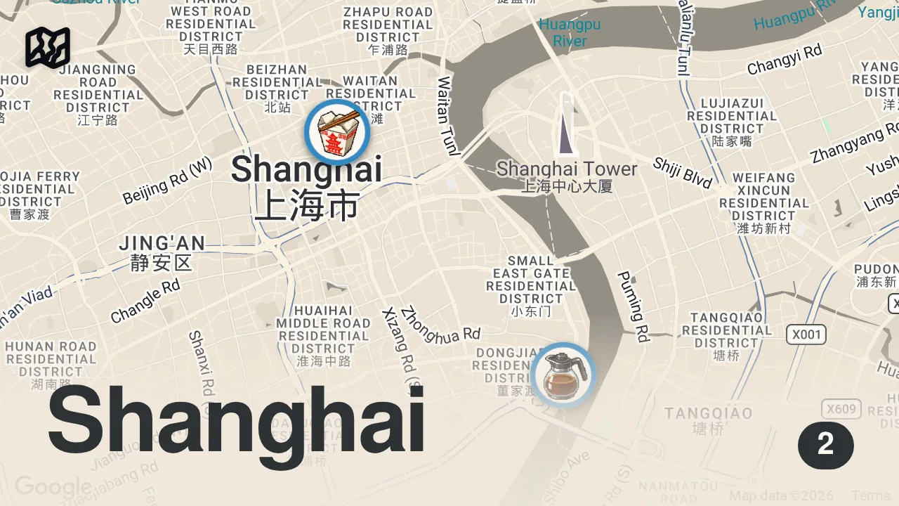 Map of 2 spots from Only eating VIRAL Food for 24 hrs in China! 🇨🇳