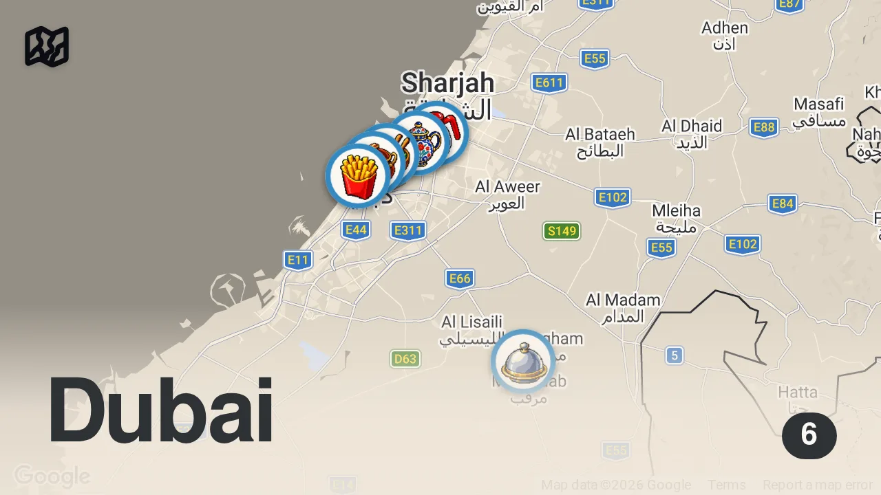 Map of 6 spots from Huge DUBAI FOOD Tour!! 48 HOURS EATING Fast Food + Emirati Food in UAE!