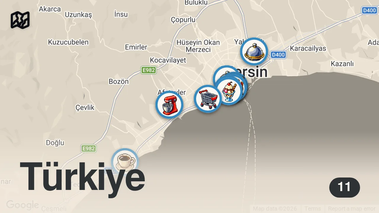 Map of 11 spots from MERSİN’DEKİ TÜM TABLACILARI GEZDİM!!!