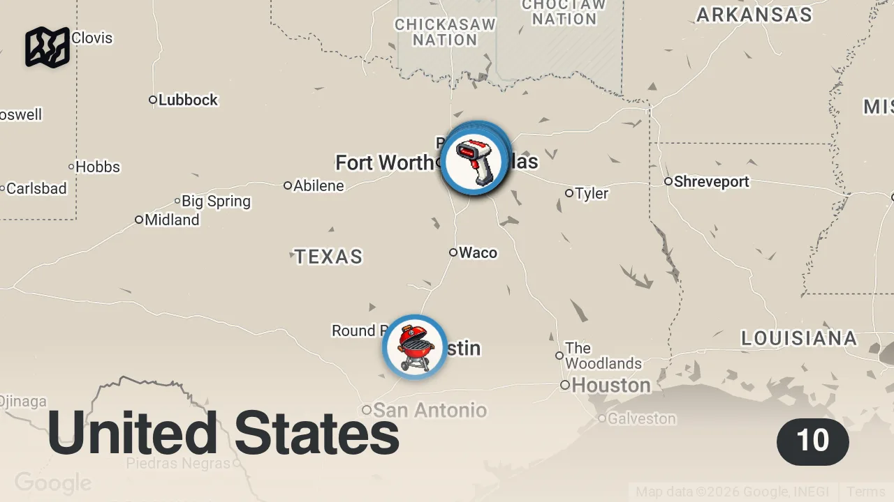 Map of 10 spots from Everything to Eat in Dallas Texas