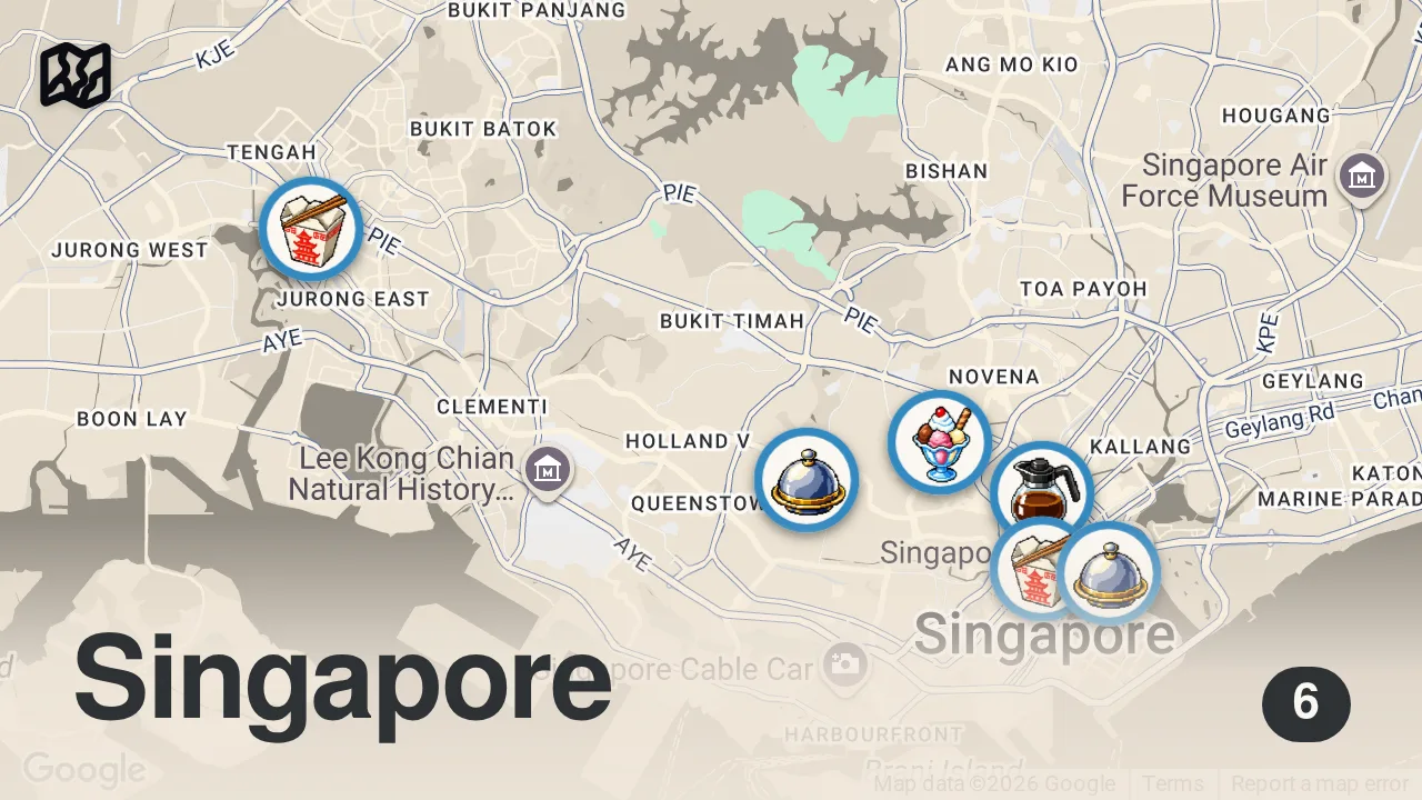 Map of 6 spots from 12HRS in Singapore - 3 Michelin Star Chefs Show Us Local Hidden Gems, Hawker Stalls and Luxury Bites