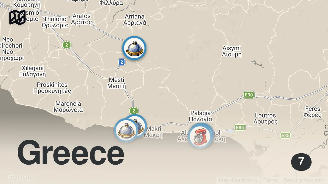 Map of 7 spots from Alexandroupolis Lezzetleri 2. Bölüm | Kremalı Börek, Sübye, Pirzola, Dana Dil - Ayaküstü Lezzetler