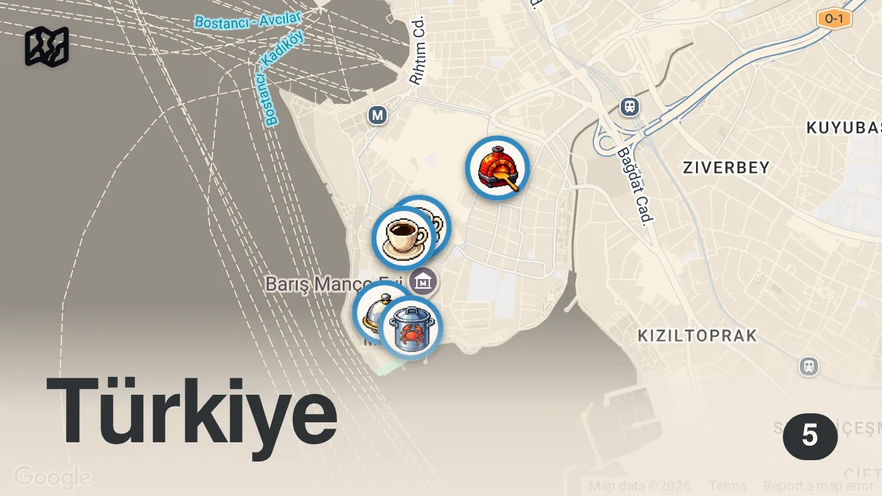 Map of 5 spots from MODA LEZZET REHBERİ (Kore pancake, pizza, tavuk schnitzel, kabak mücver) - Ayaküstü Lezzetler