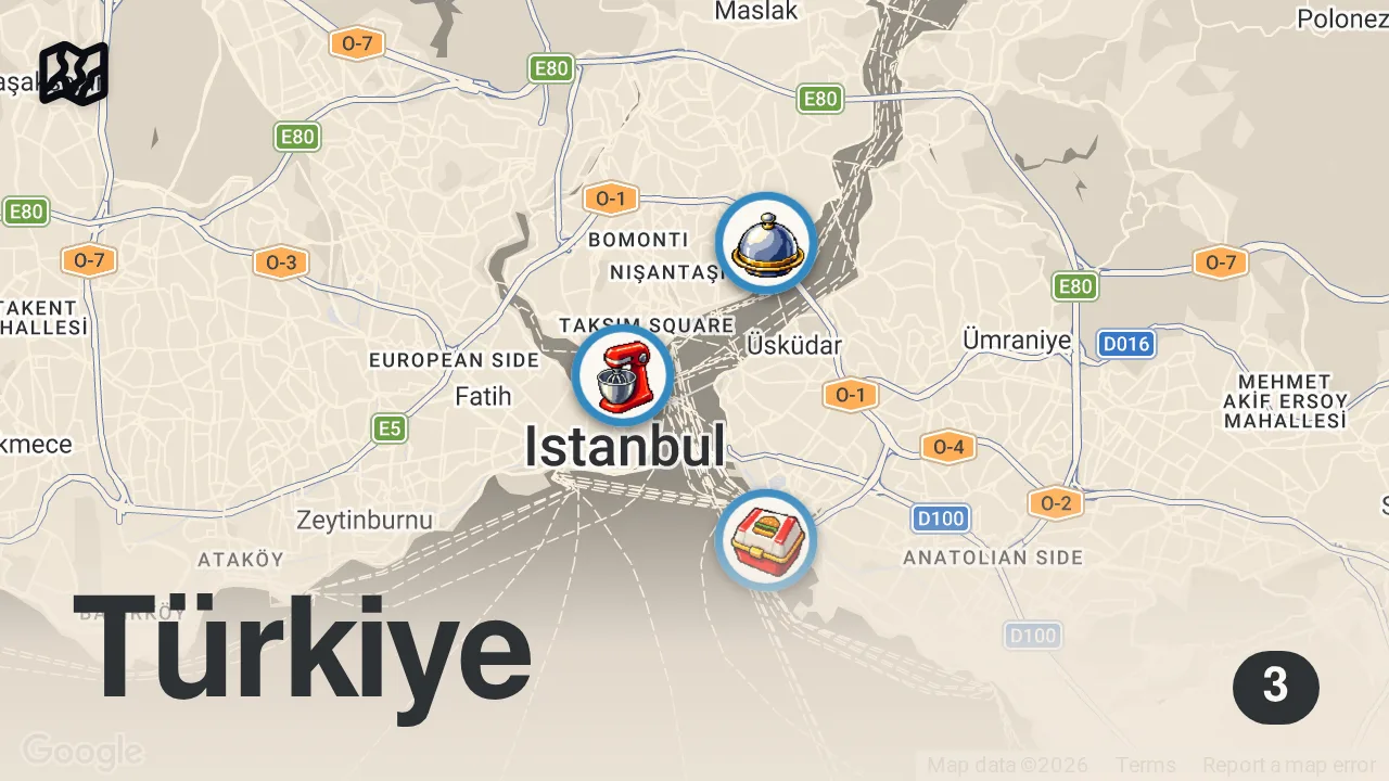 Map of 3 spots from İSTANBUL'DA LEZZETLİ BİR GÜN (Trüflü ballı börek) Hesaplar Senden Bölüm 13 - Ayaküstü Lezzetler