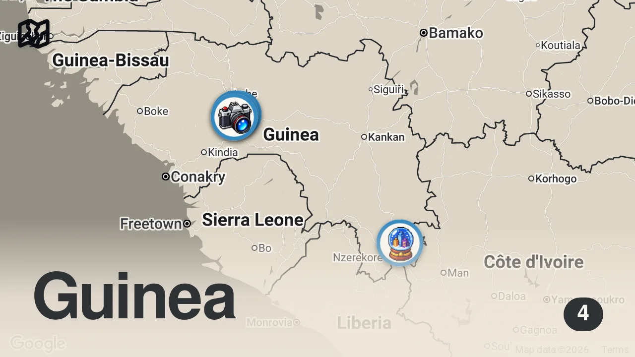 Map of 4 spots from This Will Change Your Perspective Of Africa - The Natural Beauty Of The Republic Of Guinea 🇬🇳 (wow)