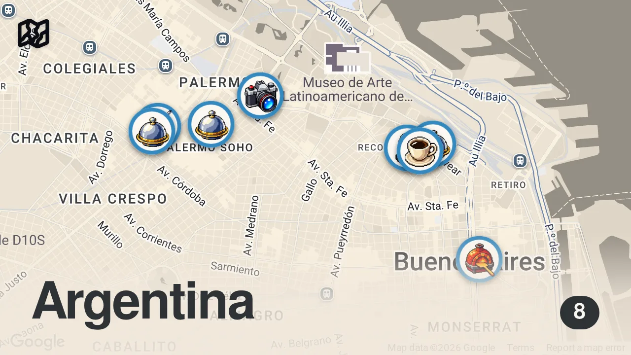 Map of 8 spots from BUENOS AIRES VLOG #1 | Gerçekten Güvenli mi? Nerede Kalınır & Ne Yenir? 🇦🇷