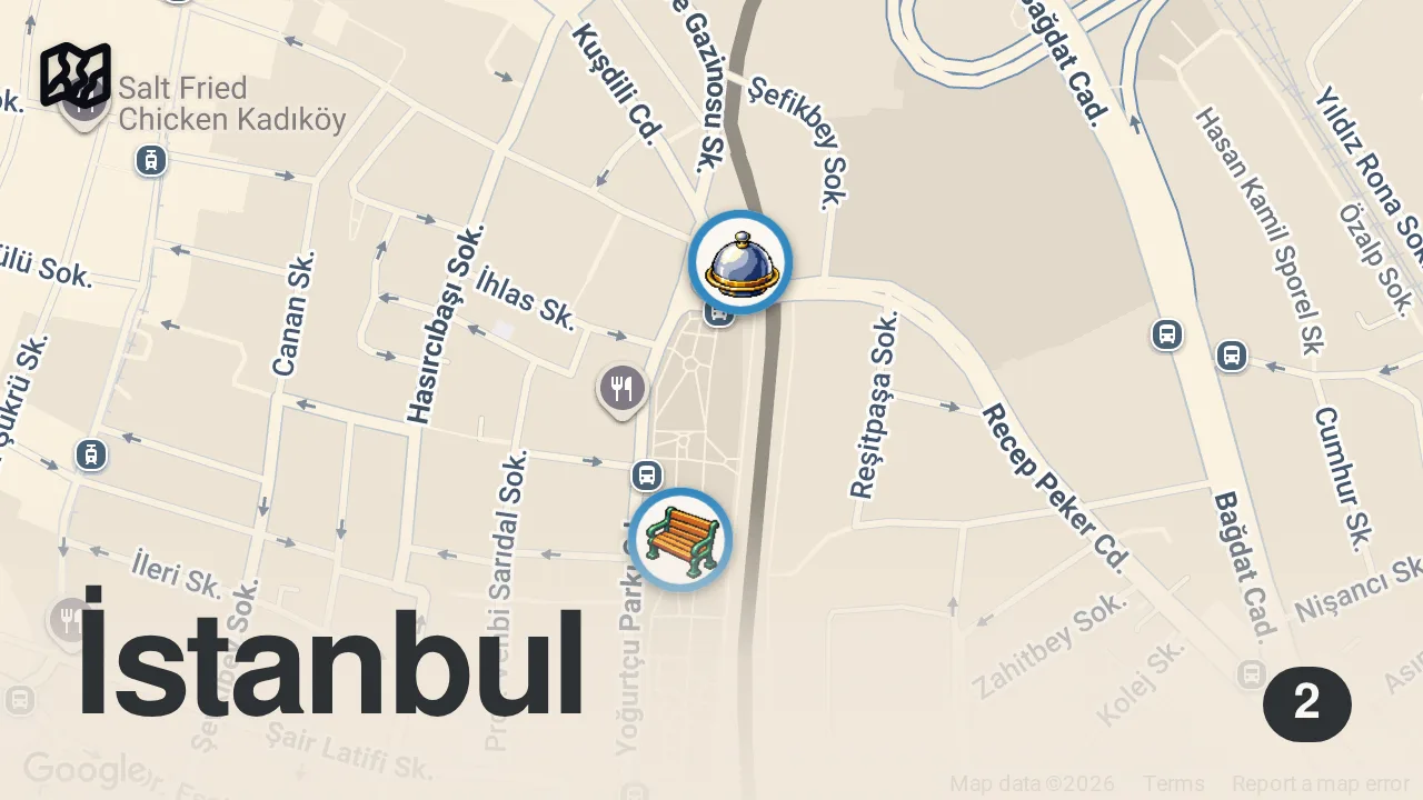 Map of 2 spots from KADIKÖY’ÜN EN UCUZ MEKANI | MERSİNLİ CİĞERCİ AHMET USTA