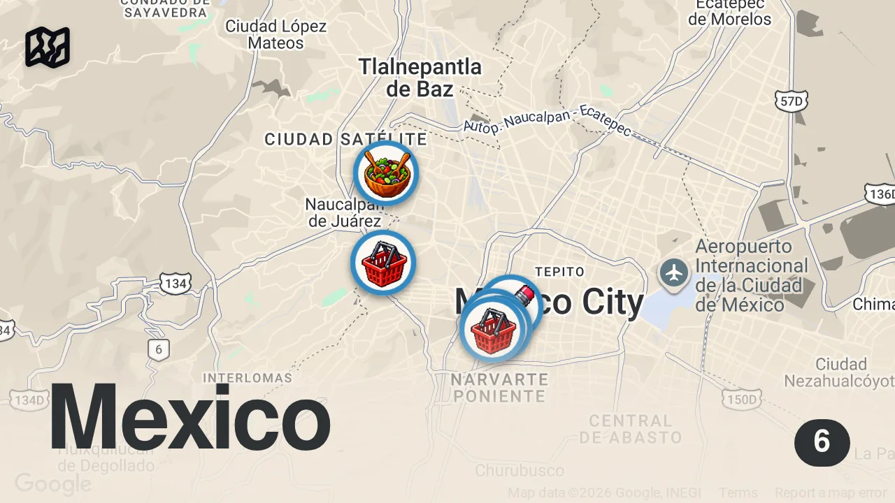 Map of 6 spots from ROMA MEXICO CITY W/ ALANXELMUNDO & RAWVANA | TRAVEL VLOG 4/4