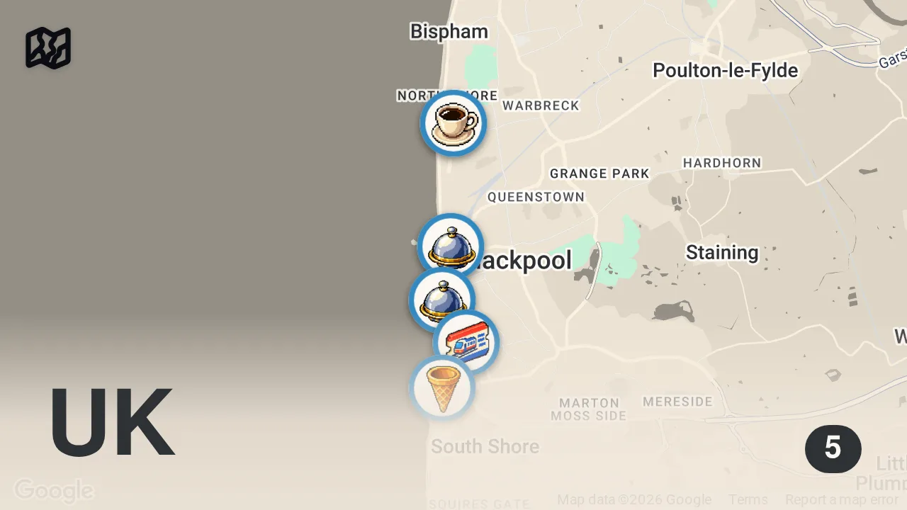 Map of 5 spots from BLACKPOOL IS THE MADDEST PLACE IN THE UK