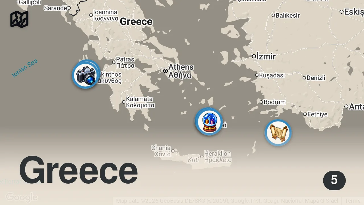 Map of 5 spots from جزر اليونان: أجمل 8 برامج سياحية وأسعار 2026