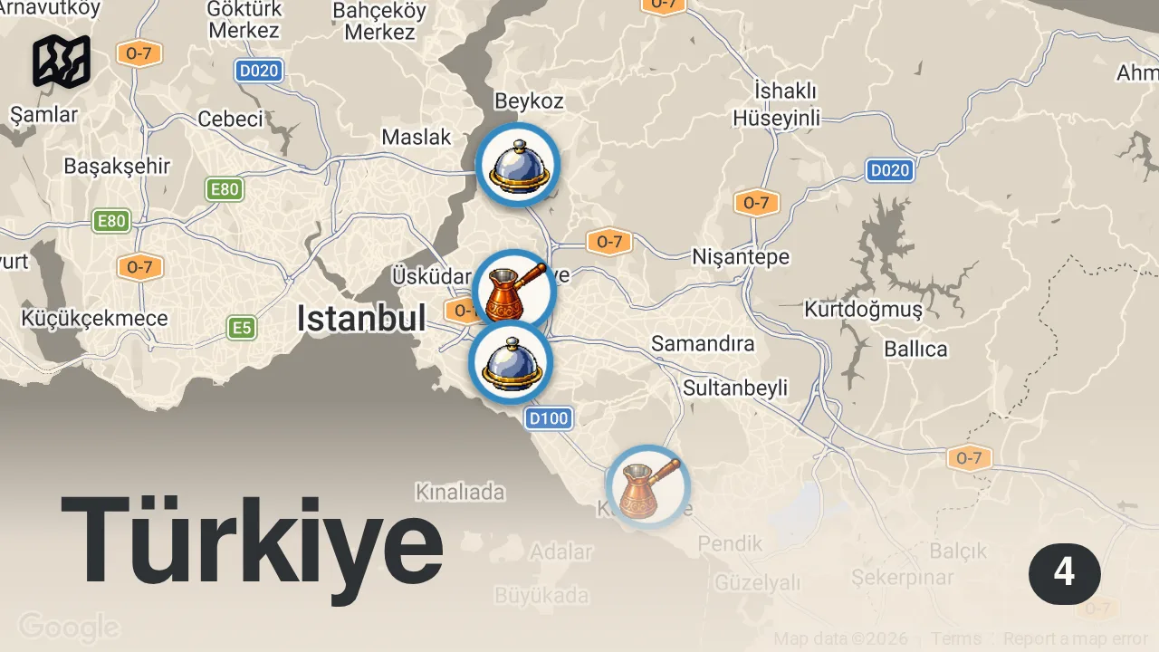 Map of 4 spots from LEZZETİN PEŞİNDE (KONUK: METİN PIHLIS) ANADOLU YAKASI GECE DÖNERCİLERİ @pihlistv