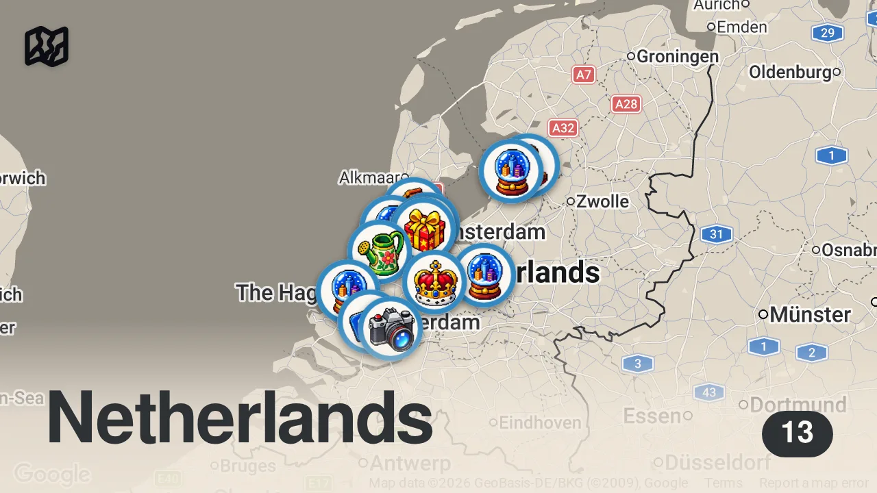Map of 13 spots from Top 10 Places To Visit in The Netherlands - Travel Guide