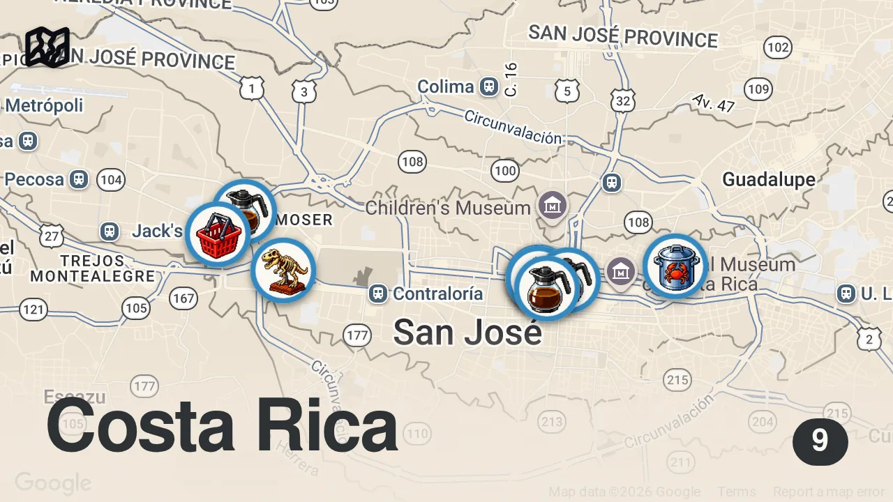 Map of 9 spots from First Time in Costa Rica!! 🇨🇷 COSTA RICAN STREET FOOD Tour in San Jose!!