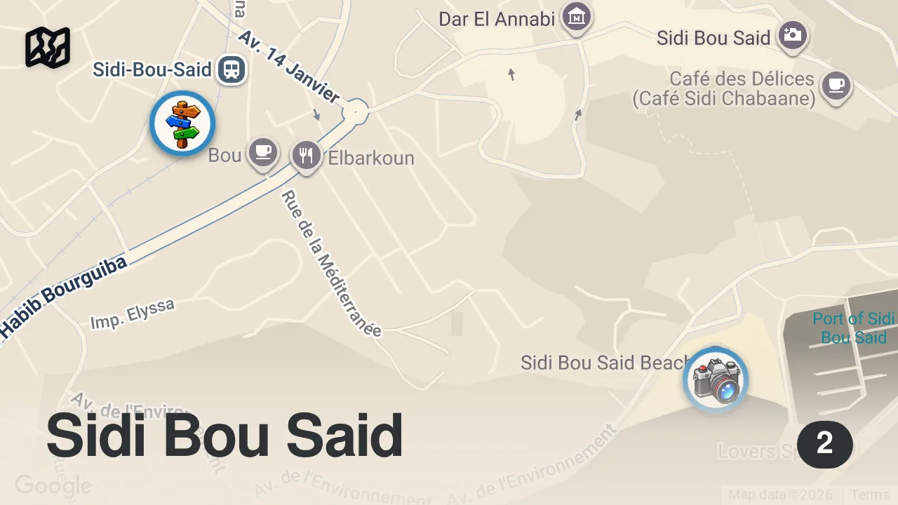 Map of 2 spots from You Won't Believe This Is TUNISIA (Sidi Bou Said) Travel Vlog سيدي بو سعيد ، تونس