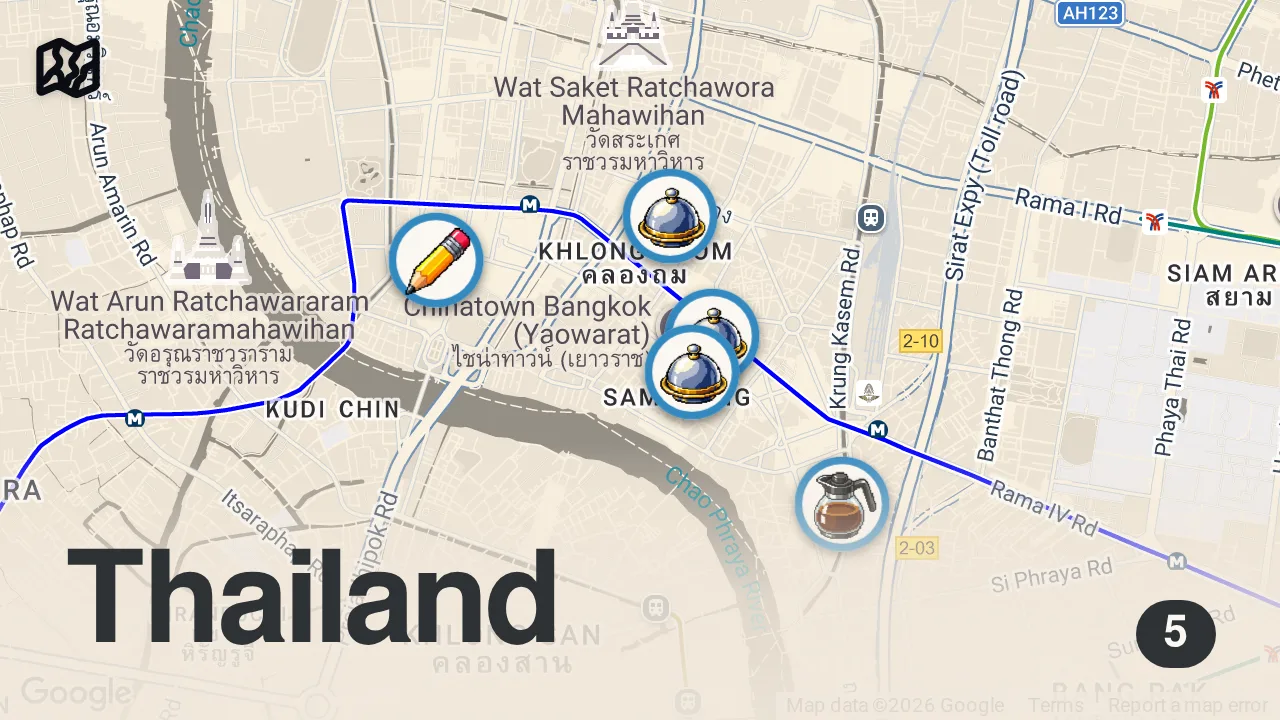 Map of 5 spots from Thai Street Food - 5 MUST EAT Foods in Chinatown, Bangkok!! (Local Favorites Only!)
