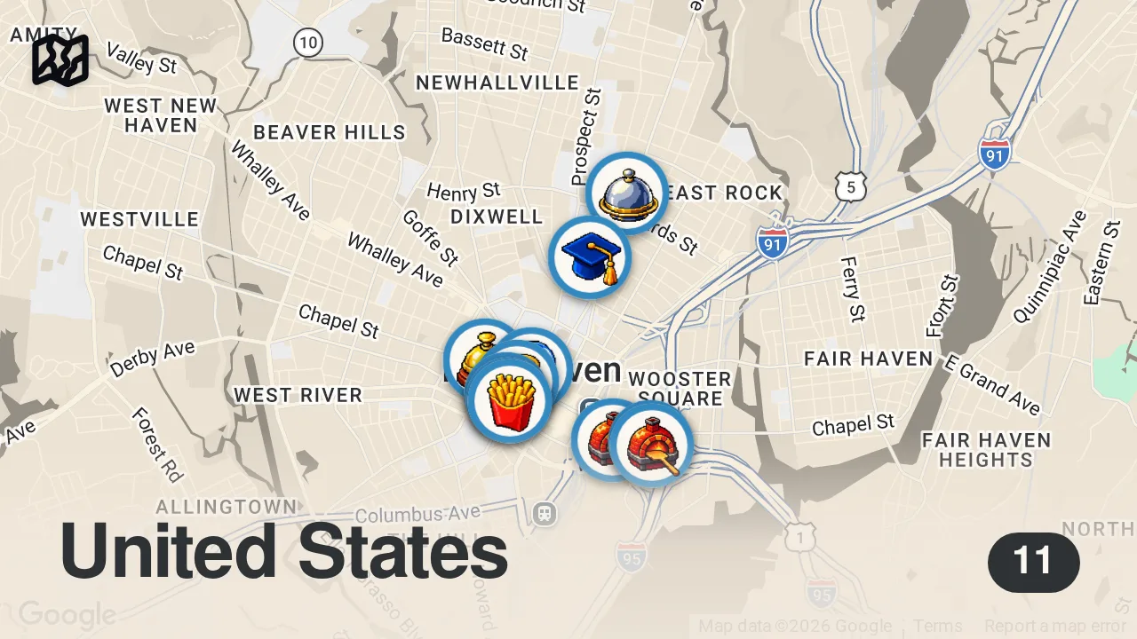 Map of 11 spots from A Weekend in New Haven, CT | eating a lot of pizza 🍕, Italian food, and hotel time with the pup