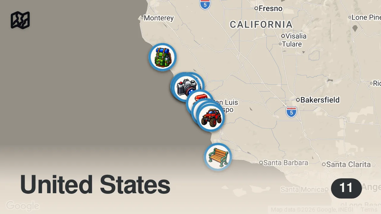 Map of 11 spots from Local spots worth enjoying on the Central Coast | From Santa Barbara, Big Sur, to San Luis Obispo