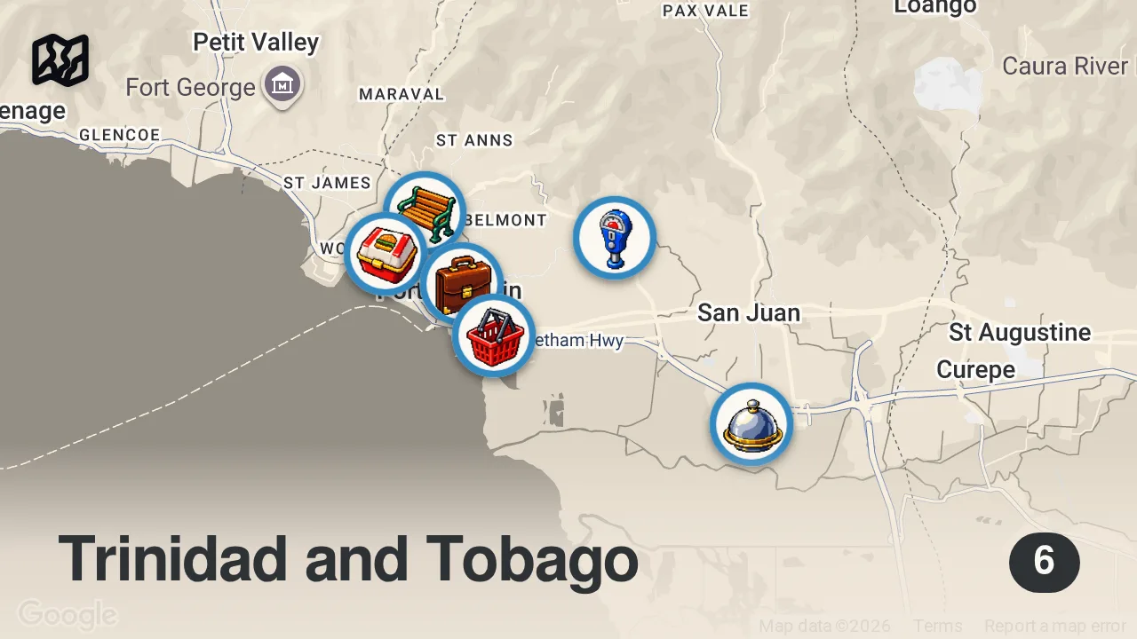 Map of 6 spots from First time in Trinidad and Tobago!! 🇹🇹 20-HOUR STREET FOOD TOUR - Ultimate Food in Port of Spain!!