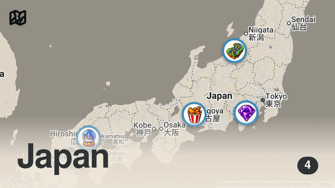 Map of 4 spots from 【2ch有益スレ】ガチで人生変わる!一人旅を楽しむ方法を挙げてけw【ゆっくり解説】