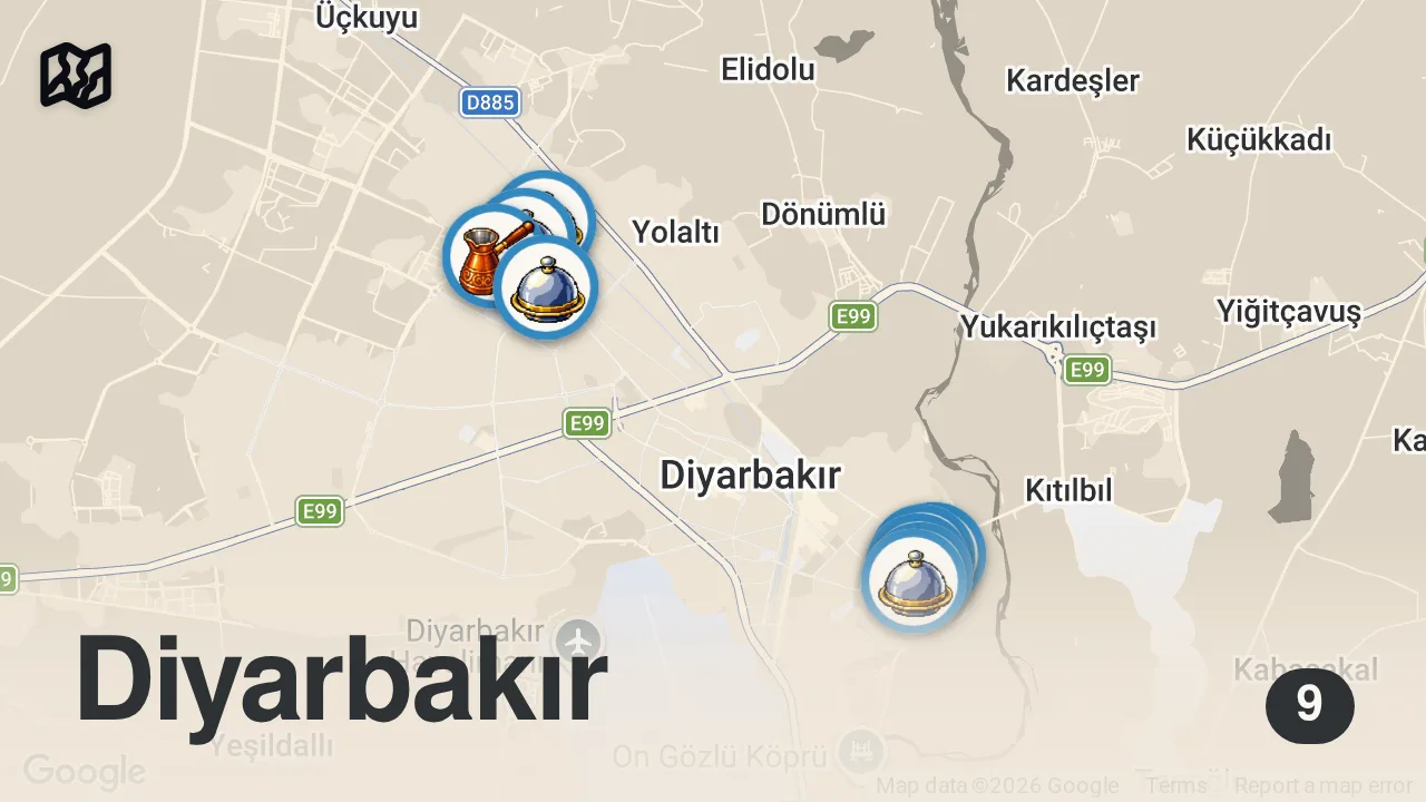 Map of 9 spots from DİYARBAKIR’DA 1 GÜNDE NE YENİR! DÜNYALARI YEDİM!!!