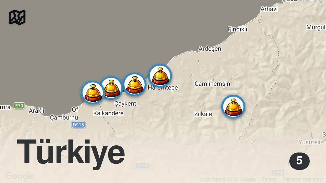 Map of 5 spots from Top 5 Recommended Hotels In Rize | Best Hotels In Rize