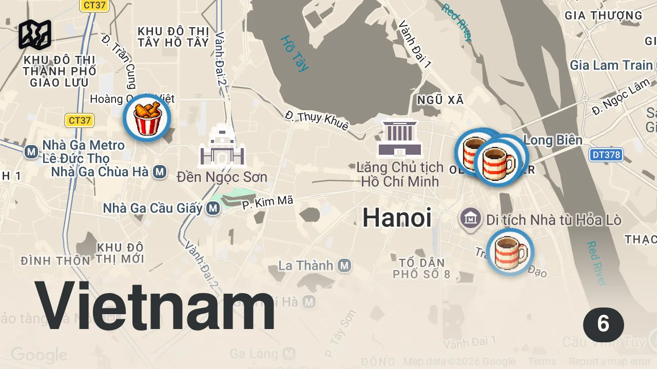 Map of 6 spots from EXTREME Vietnamese Street Food - 5 Must Eat Foods in Hanoi!!