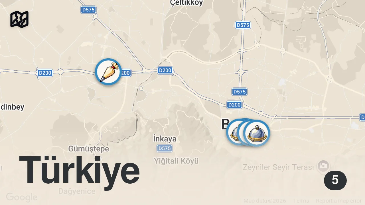 Map of 5 spots from Bursa’da Gidilmesi Gereken 5 Yer #reklam