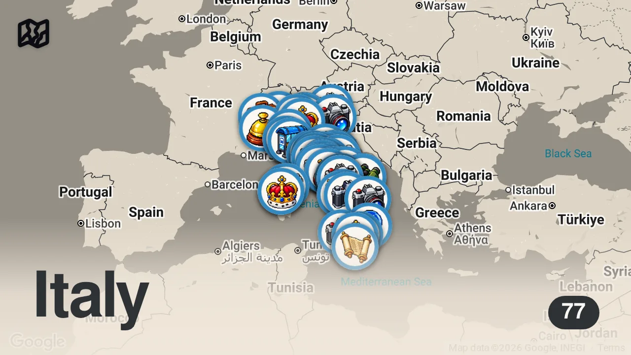 Map of 77 spots from ITALIA NASCOSTA | 50 Borghi Tra i Più Belli Ma Meno Conosciuti d’Italia | Guida di Viaggio Italia