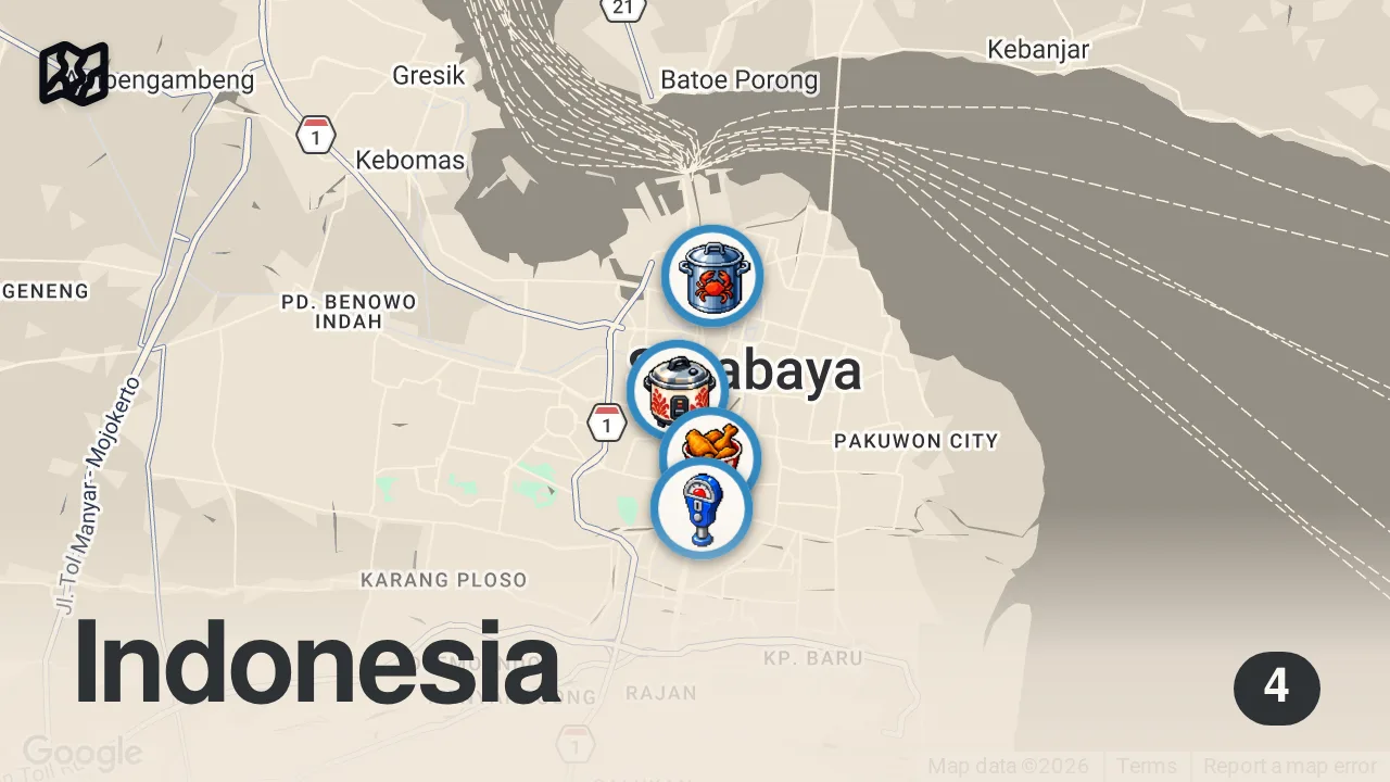 Map of 4 spots from Indonesia SPICY FOOD Overdose!! 🌶 SAMBAL MOUNTAIN + Smashed Chili Chicken!