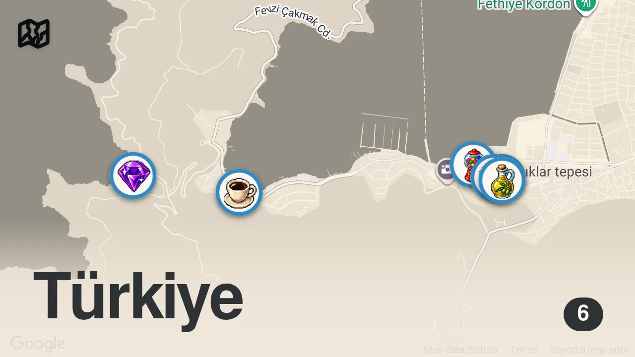 Map of 6 spots from Fethiye Vlog | Döner, Kruvasan, Balık, Tahin Helvası - Ayaküstü Lezzetler