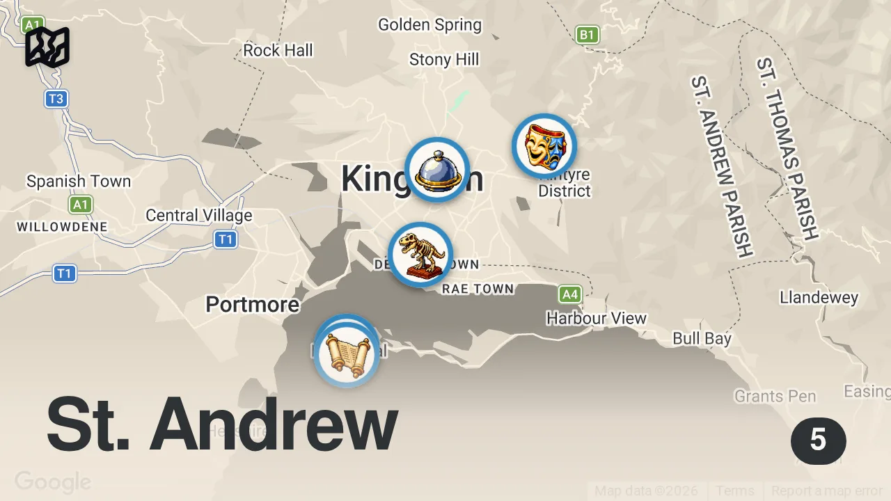 Map of 5 spots from Welcome to Jamrock | Kingston Jamaica Travel Guide