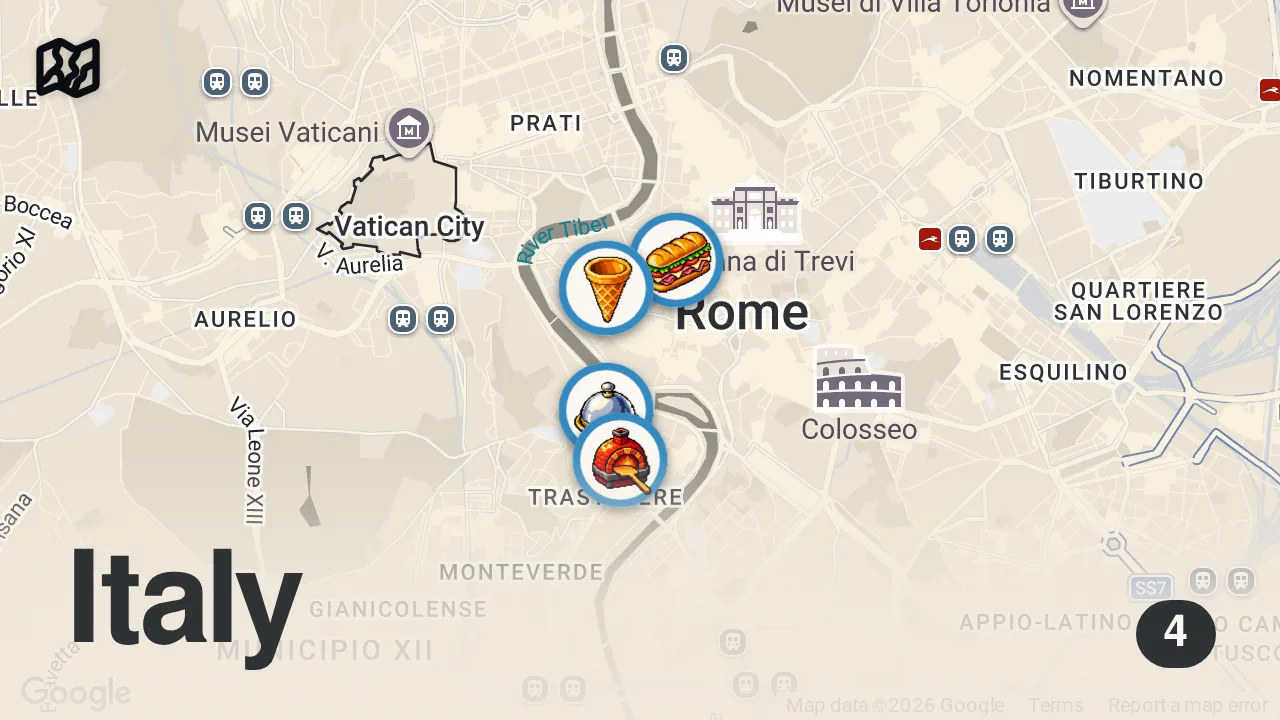 Map of 4 spots from Top 5 Best Street Foods in Rome, Italy! 🇮🇹 (€20 DIY Rome Food Tour)