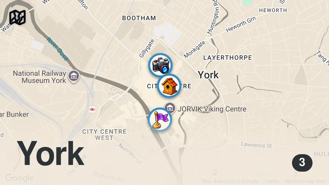 Map of 3 spots from York City Centre in UK 🇬🇧 Walking Tour with Subtitles