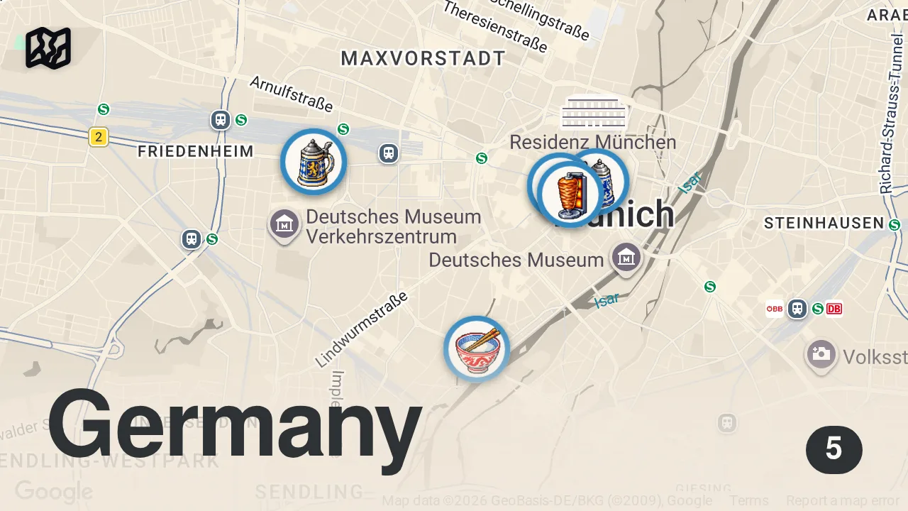 Map of 5 spots from Top 15 German Foods You Must Try In MUNICH!