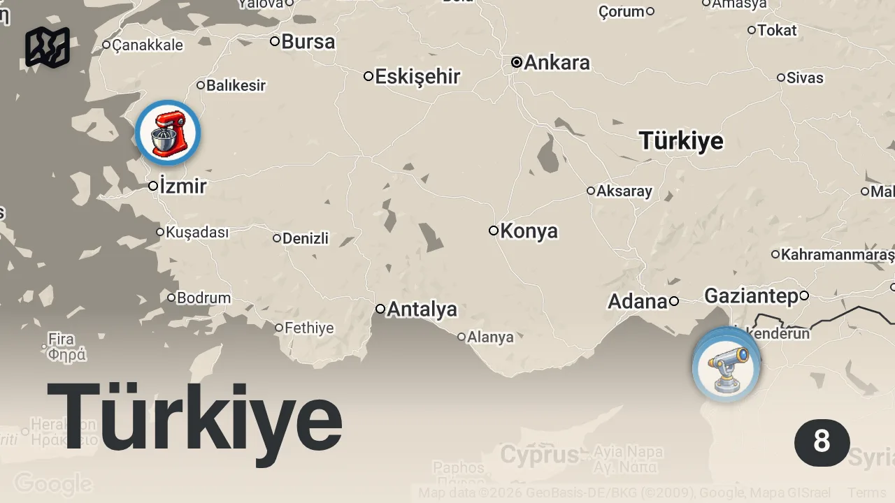 Map of 8 spots from HATAY’IN TÜM TABLACILARINI GEZDİM SERİSİ!!! @Cemozu18
