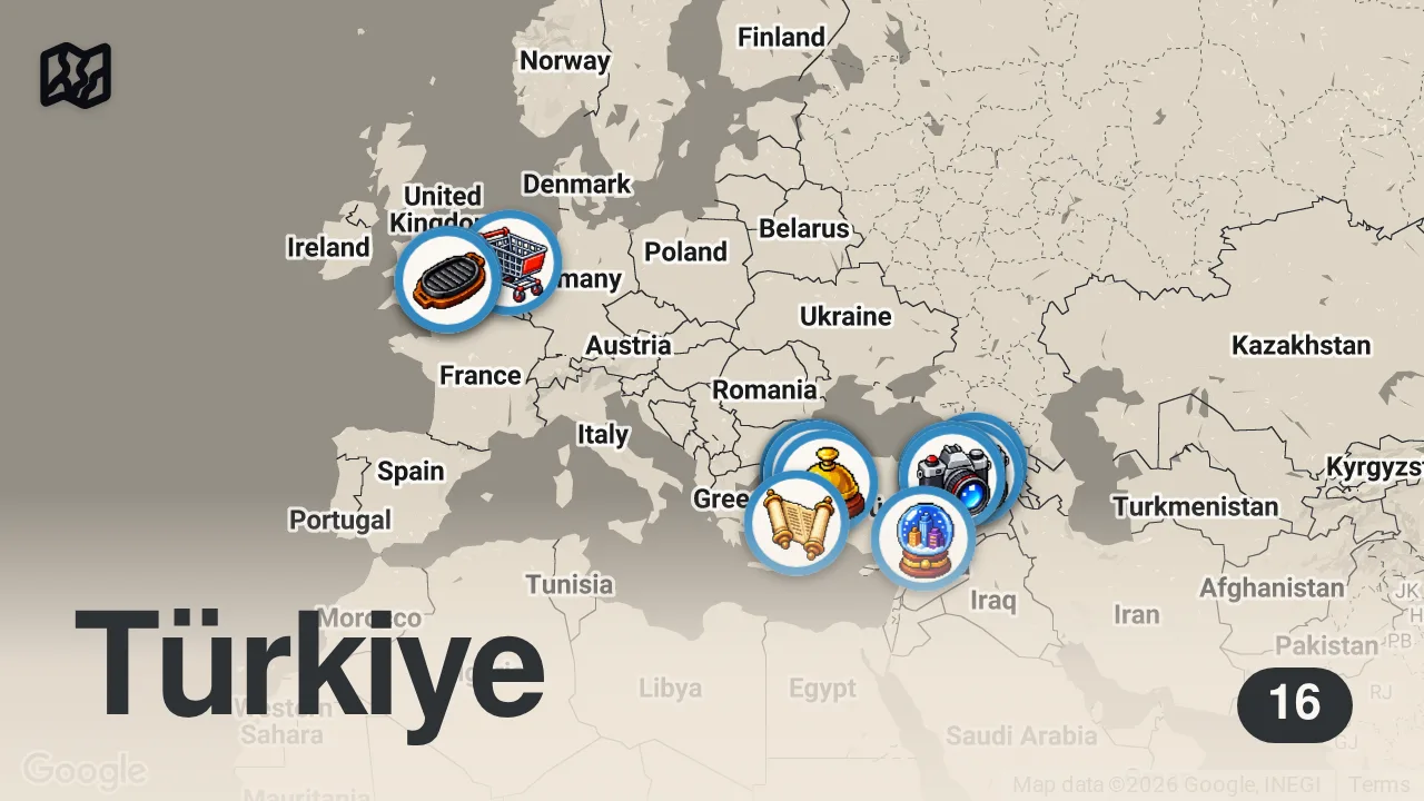Map of 16 spots from Misafirim Var: GÖKHAN TÜRKMEN | Çocukluğunun lezzetleri, pilav&lahmacun aşkı, sık gittiği yerler