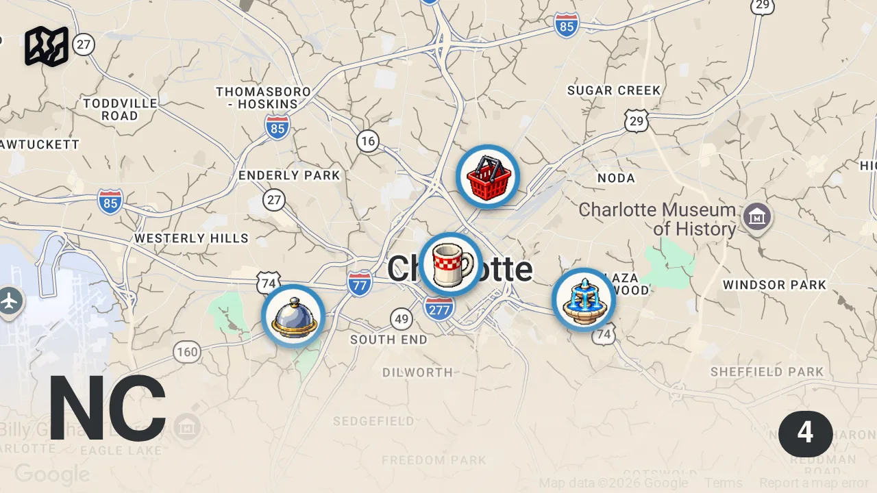 Map of 4 spots from Eating at Viral Restaurants For 24 Hours... (North Carolina)