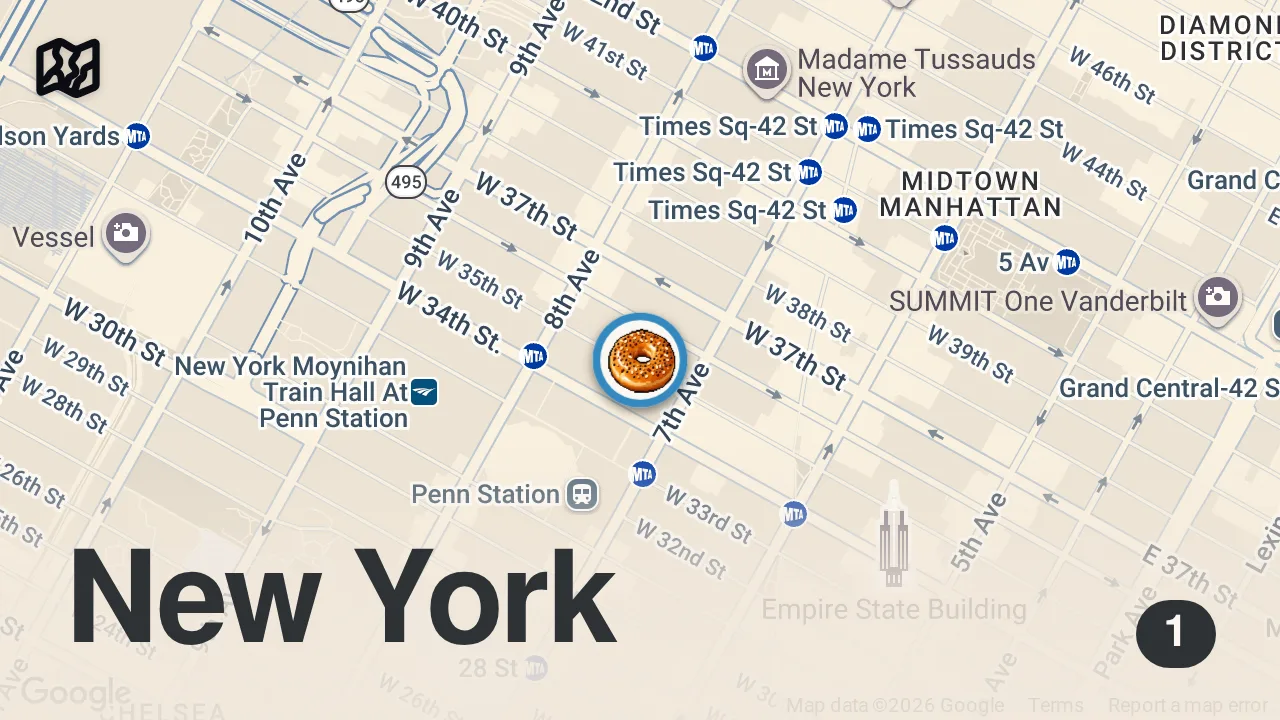 Map of 1 spot from One of NYC’s BEST Bacon Egg & Cheese is coming out of Best Bagel and Coffee! 🥯🥓🍳🧀🔥 #DEVOURPOWER