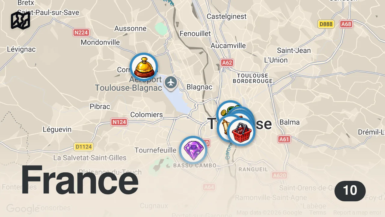 Map of 10 spots from 8 lieux insolites à découvrir à Toulouse 🌸 #toulouse #toulousemaville #voyageoccitanie #occitanie