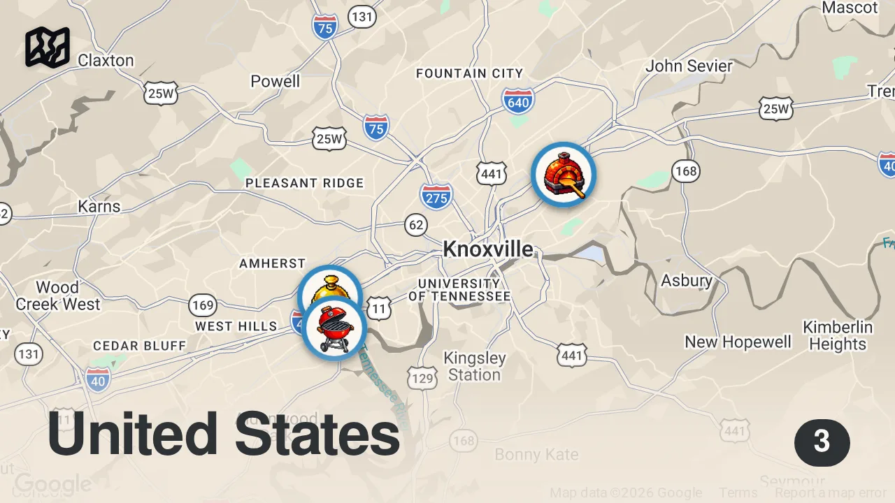 Map of 3 spots from Eating at Fast Food Restaurants I've NEVER Heard Of (Knoxville, TN)